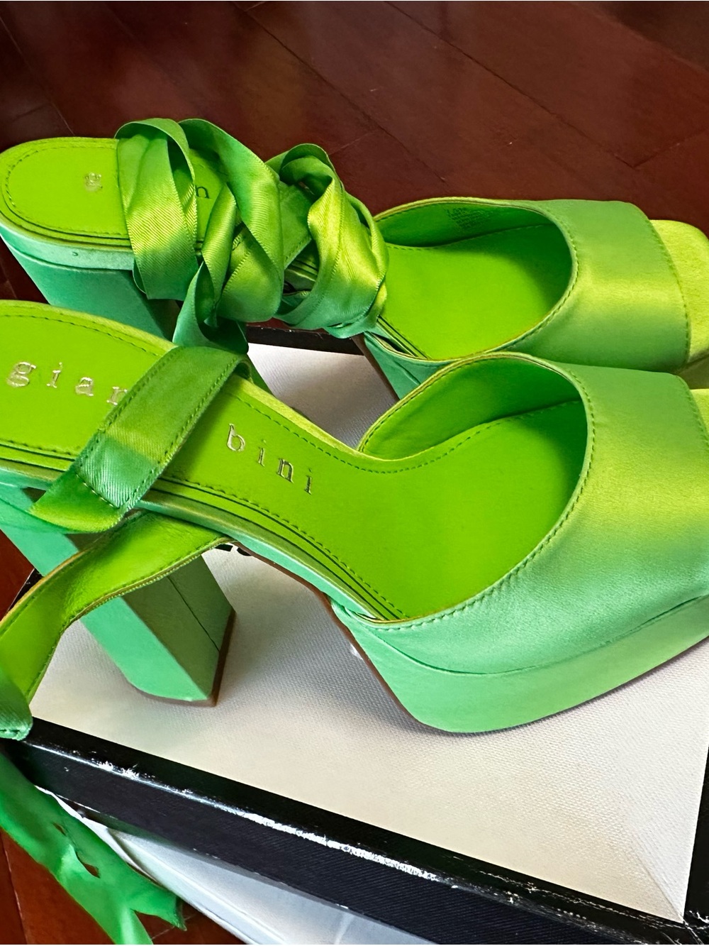 Gianni Bini Neon Green Satin Platform Sandals with Ankle Wraps